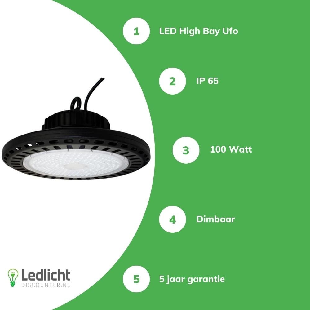 Tsong LED High Bay UFO 100W 15000 lumen 1-10V dimbar 3000K CRI 80 Philips Chip IP20 CE RoHS Svart