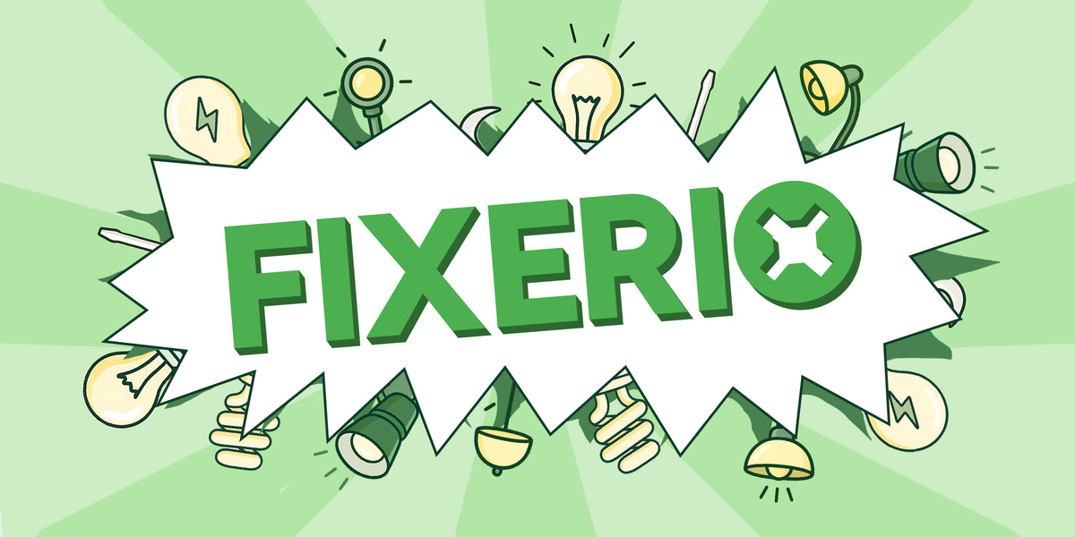 Logo of Fixerio with green text and light bulb icons on a green background