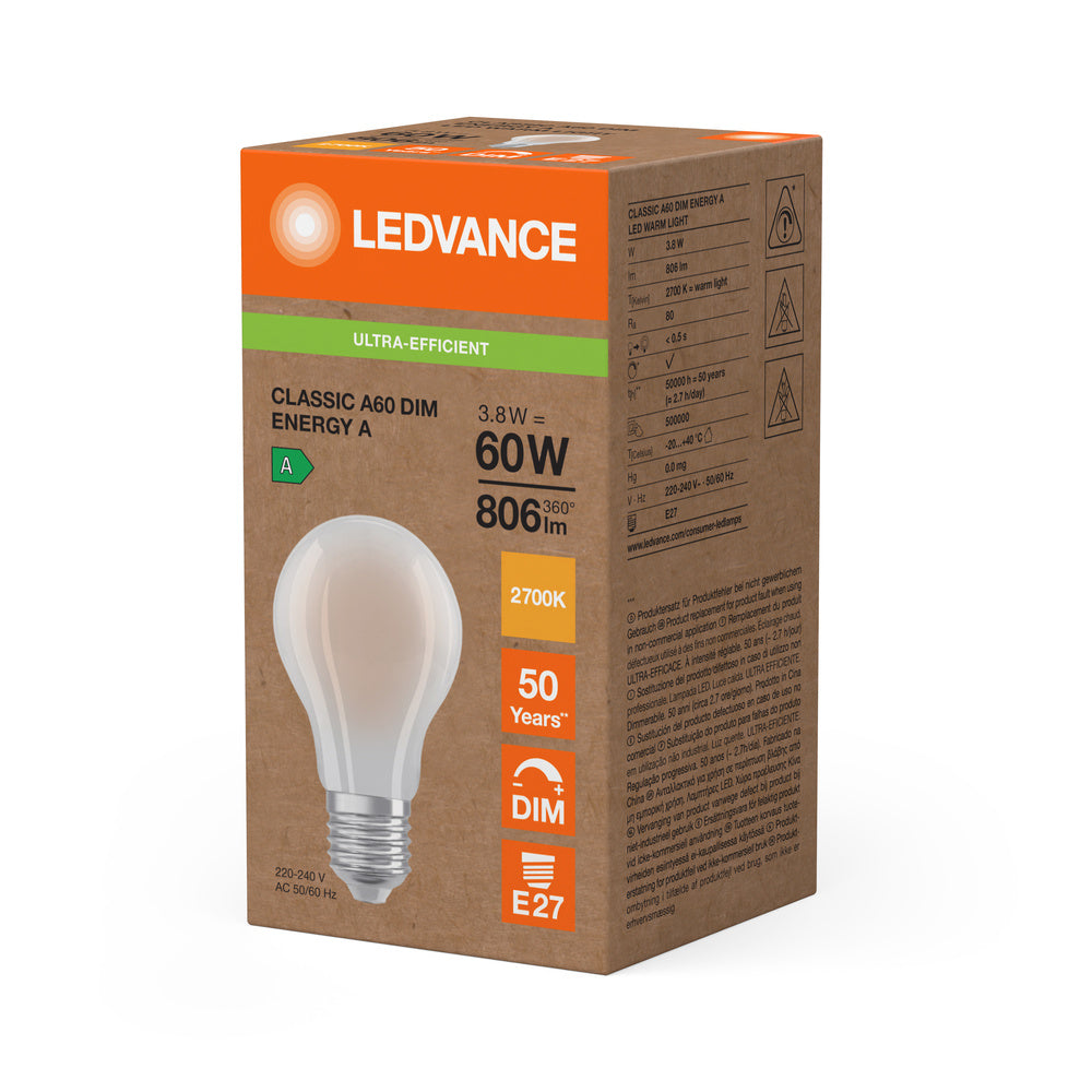 Ledvance LED Classic A60 Opaca E27 Dimmerabile 3.8W 2700K 806 lumen Bianco Caldo Classe Energetica A