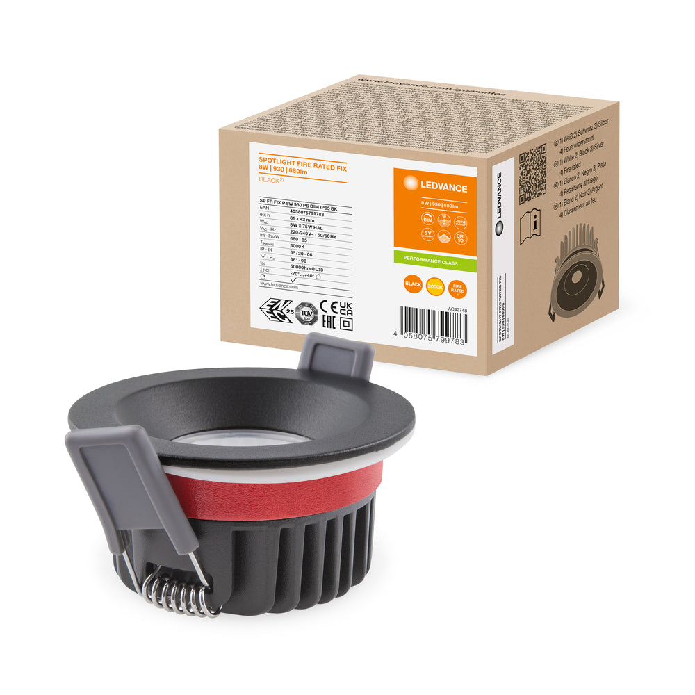 Ledvance brandklassad infälld LED-spotlight 8W 3000K dimbar IP65 Svart 90CRI 36° spridning