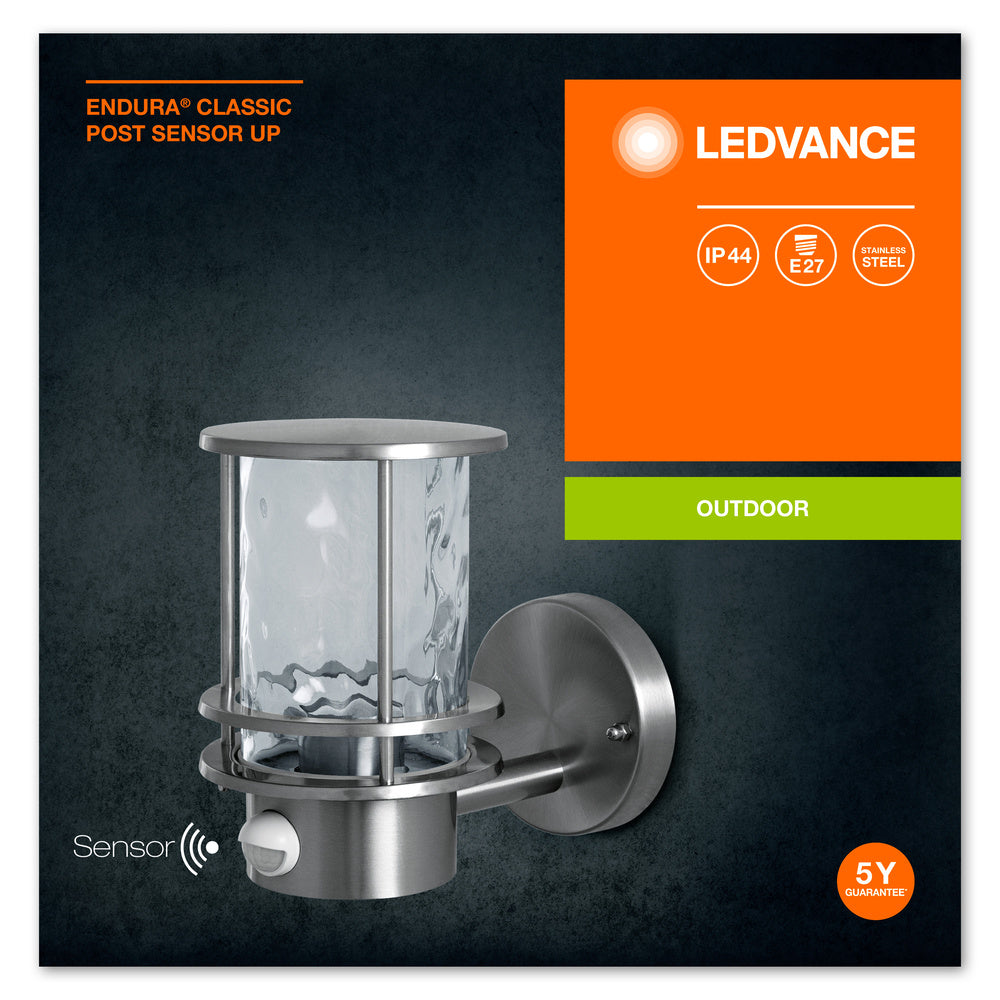 Ledvance ENDURA Classic Post Sensor Up E27 applique murale d'extérieur en acier inoxydable IP44 avec détecteur de mouvement et de lumière
