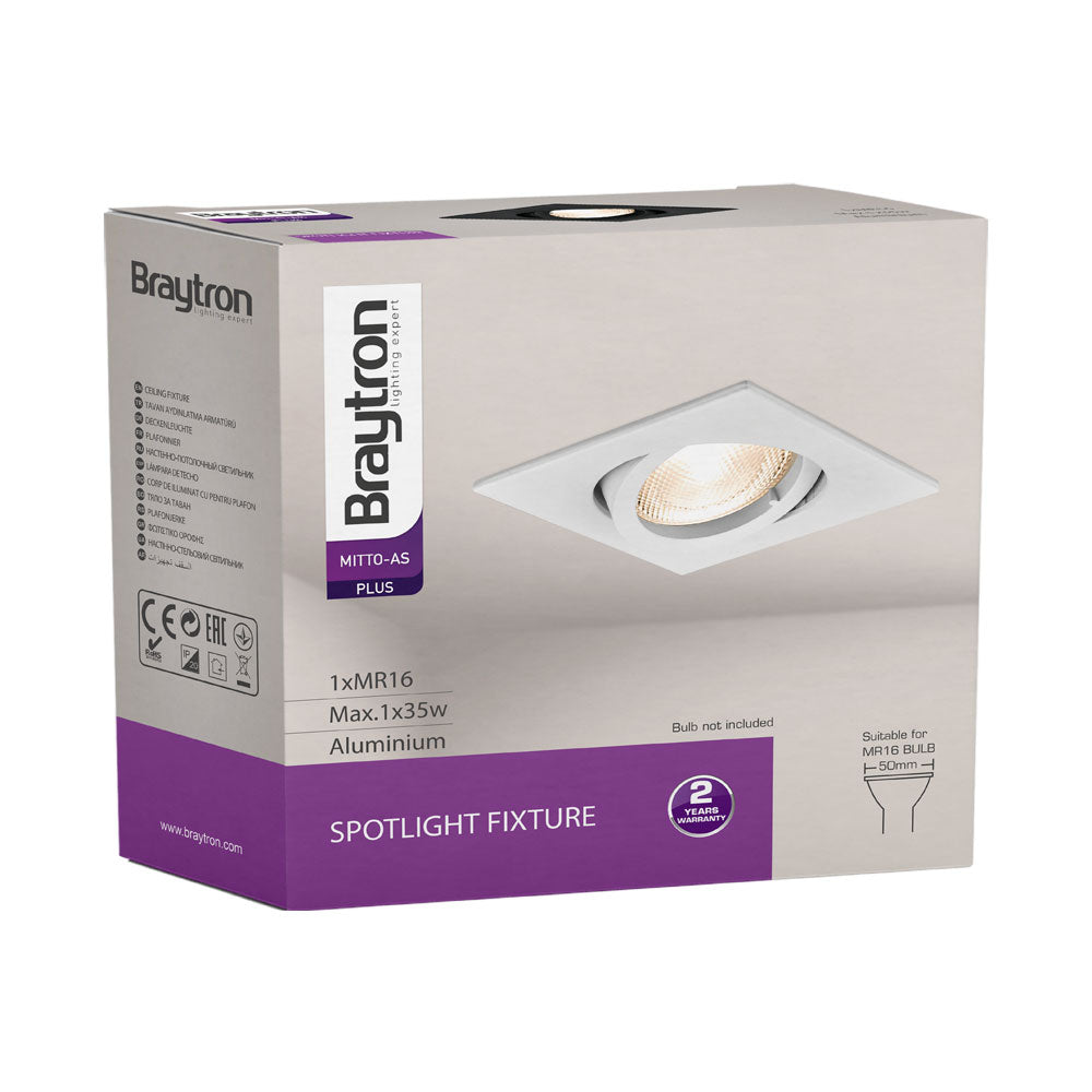braytron vierkante zwarte inbouwspot 35w, aluminium, ip20, binnen gu10, mr16