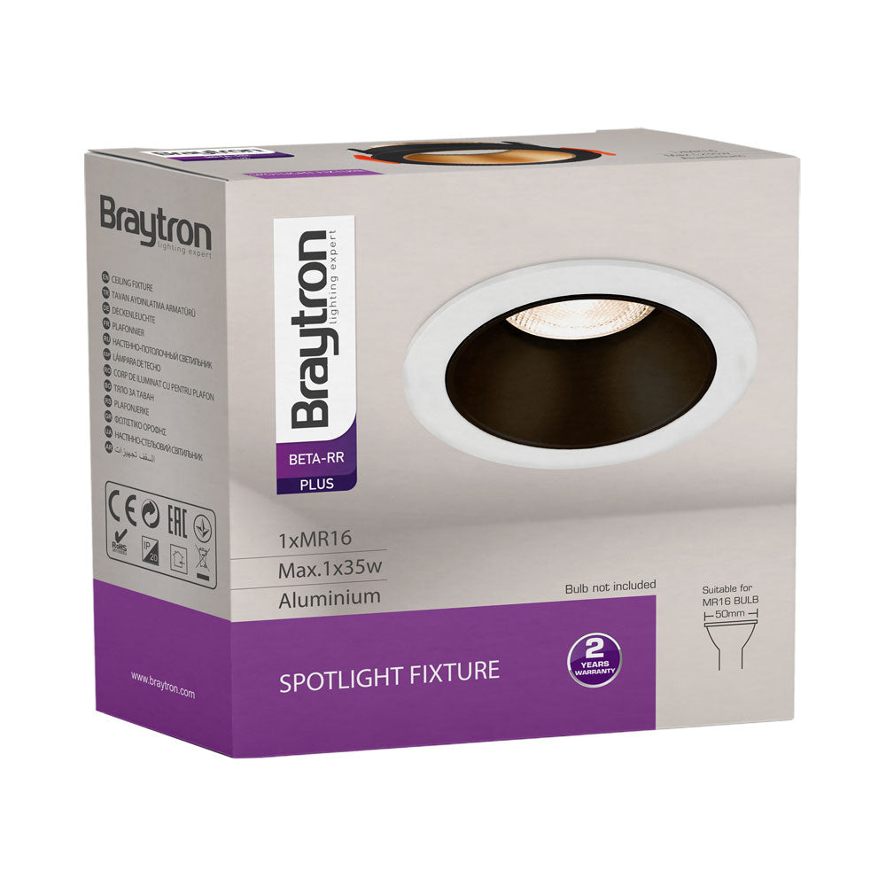 Braytron GU10 inbouw LED spot, 35W max, IP20, rond aluminium Wit-Zwart, 85mm uitsparing 70mm