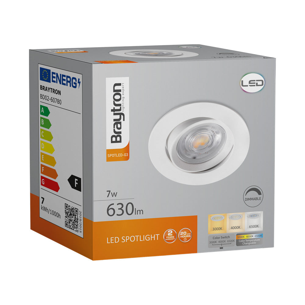 Braytron LED Spot 7W 220-240V 3-in-1 CCT Dimbaar Rond Wit IP20 630 lumen 38° Bundel