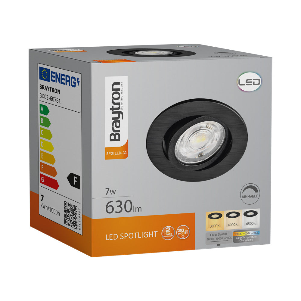 Braytron LED Spot 7W Zwart Rond 3-in-1 CCT Dimbaar 220-240V 630 lumen IP20 38° Binnenverlichting