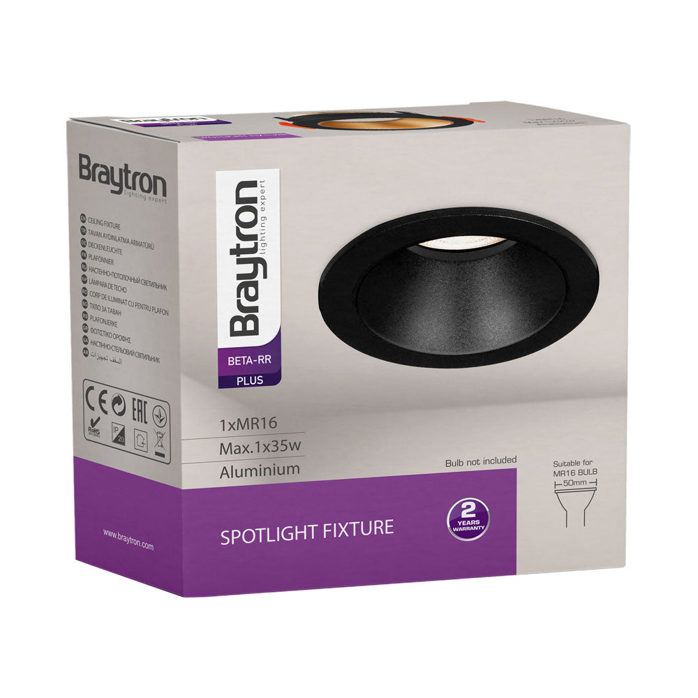 Braytron LED spotarmatuur, MR16 fitting, 35W max, IP20 Zwart aluminium rond inbouw 85mm zaagmaat 70mm