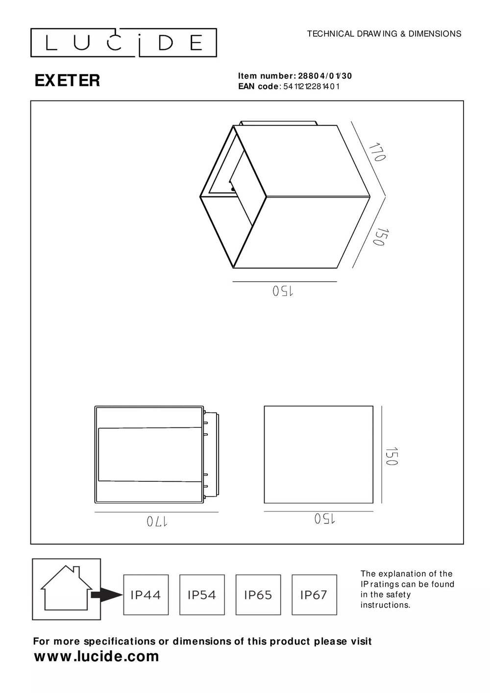 Lucide EXETER utomhus vägglampa Svart E27 sockel IP54 aluminiumhölje hållbar design