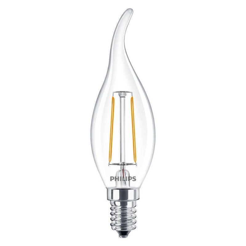 Philips CorePro vela LED E14 2W 250 lúmenes 2700K transparente no regulable BA35 blanco cálido reemplaza 25W