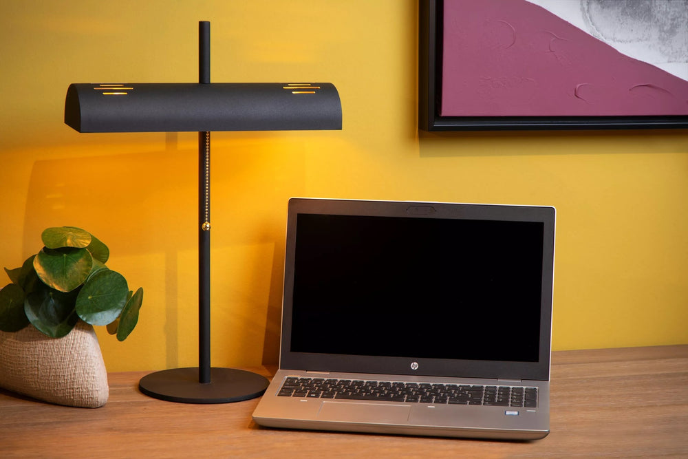 Lucide Glendale bordslampa, 2xE27 sockel, LED-kompatibel, Svart med matt gulddetaljer, IP20, CE RoHS