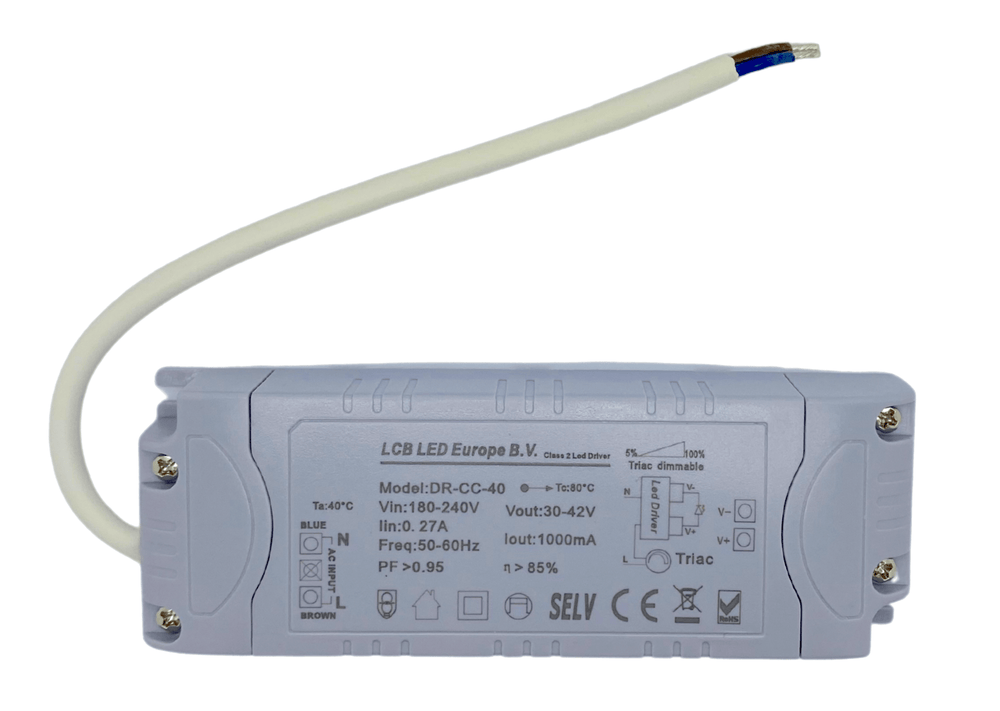 Lcb dimbare LED-driver voor 36W/40W LED-paneel, 30-42V 1000mA, IP20, triac fasedimming