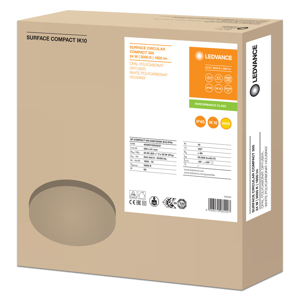 LED plafondd- eller väggarmatur, Vit, IP65 IK10, 24W 1800 lumen, 3000K varmvit, Ø300mm