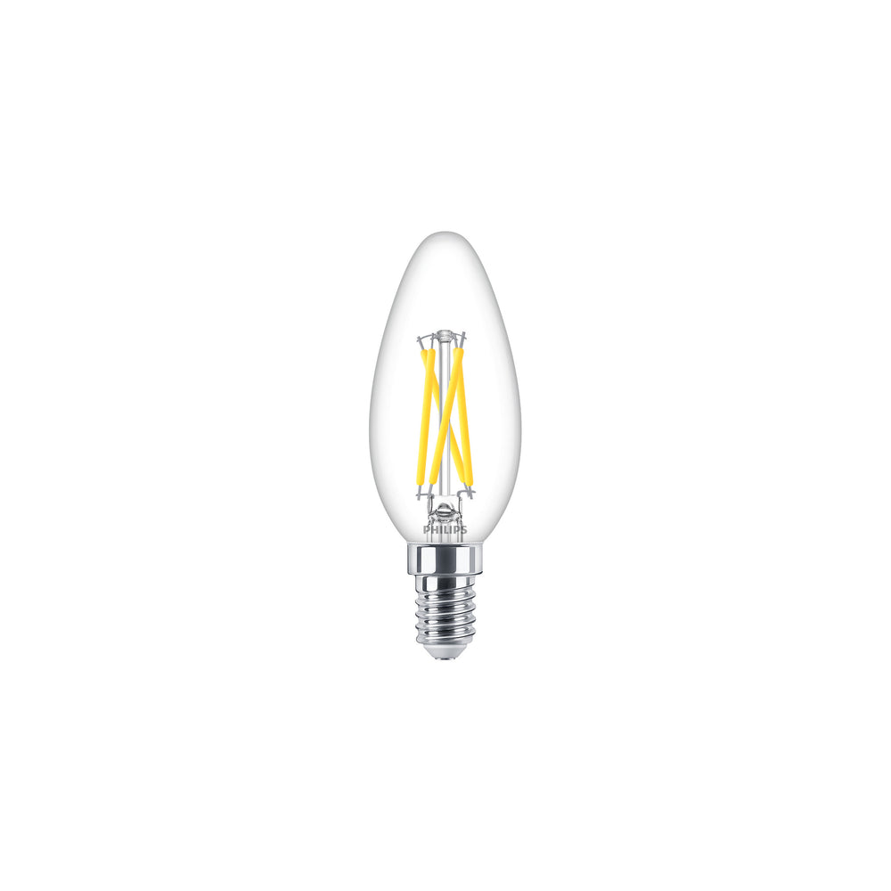 Philips LED-kronepære 2.5W E14 B35 klart glas, dæmpbar Warm Glow 2200K-2700K 340 lumen CRI 90