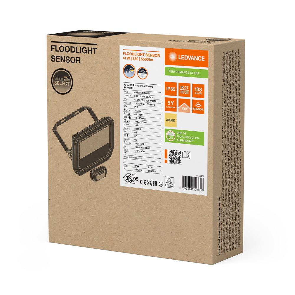 LED Strålkastare Sensor GEN 3 Svart 41W 3000K 5500 lumen IP65 med rörelse- och ljussensor, ersätter 100W