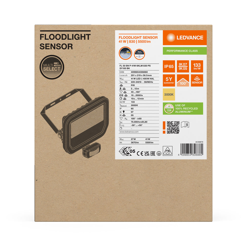 LED Strålkastare Sensor GEN 3 Svart 41W 3000K 5500 lumen IP65 med rörelse- och ljussensor, ersätter 100W