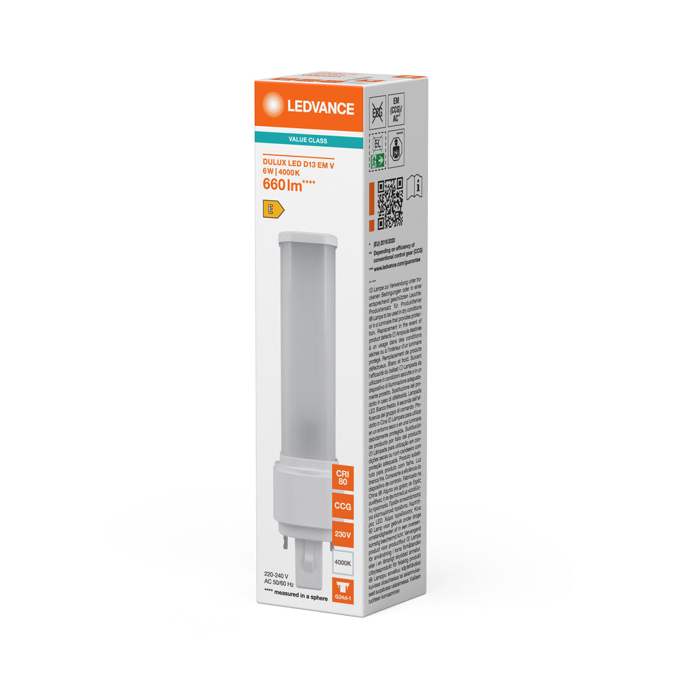 LED PL-C Dulux-D D/E 6W 660 lumen 4000K Kallvit G24d-1 2-Pin 230V ersättning för 13W