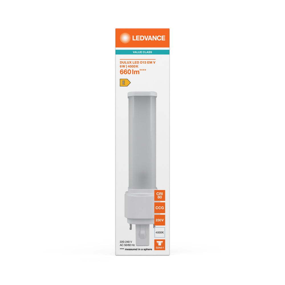 LED PL-C Dulux-D D/E 6W 660 lumen 4000K Kølig Hvid G24d-1 2-Pin 230V erstatning for 13W