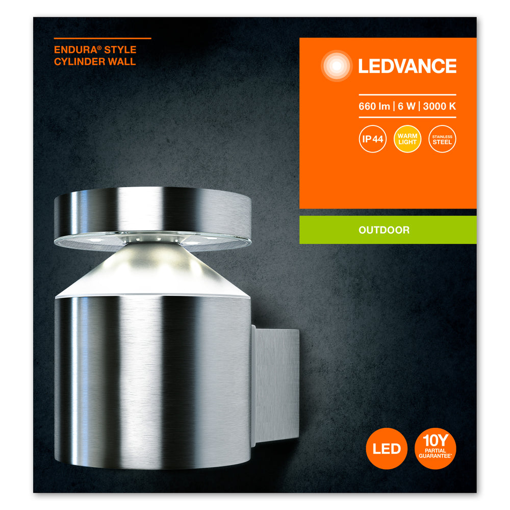 Ledvance ENDURA Style Cylinder Vägglampa LED 6W 3000K IP44 Rostfritt Stål Utomhus Ytmonterad