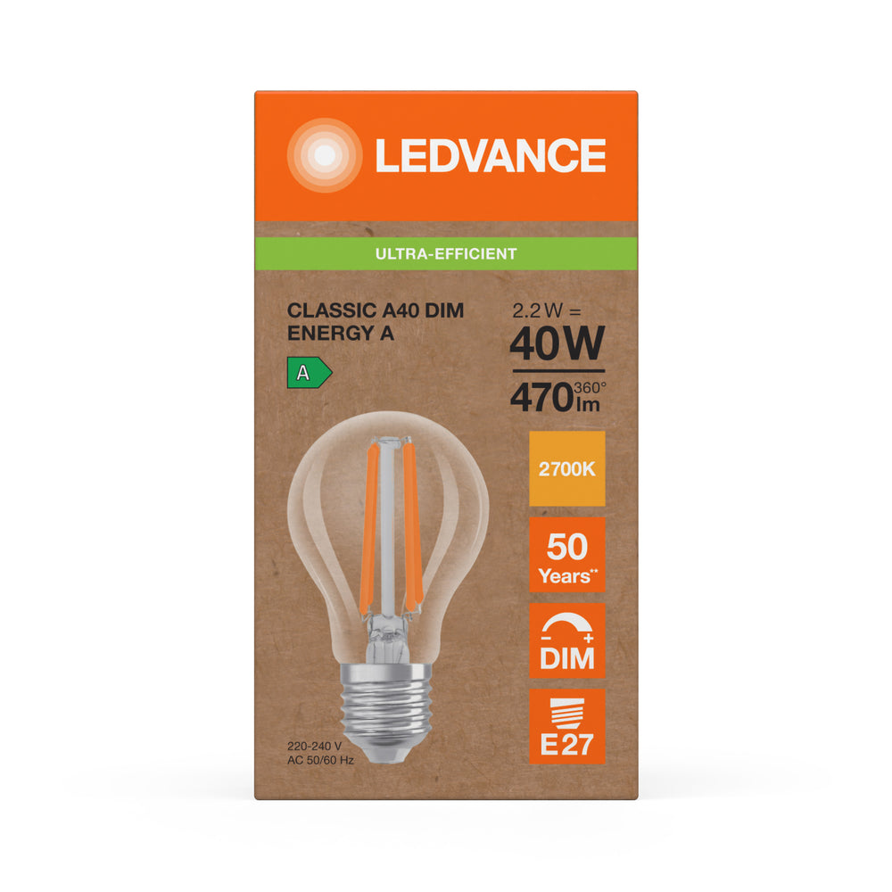 Lampadina Ledvance LED Classic A E27 2.2W 2700K dimmerabile 470 lumen vetro trasparente equivalente 40W bianco caldo