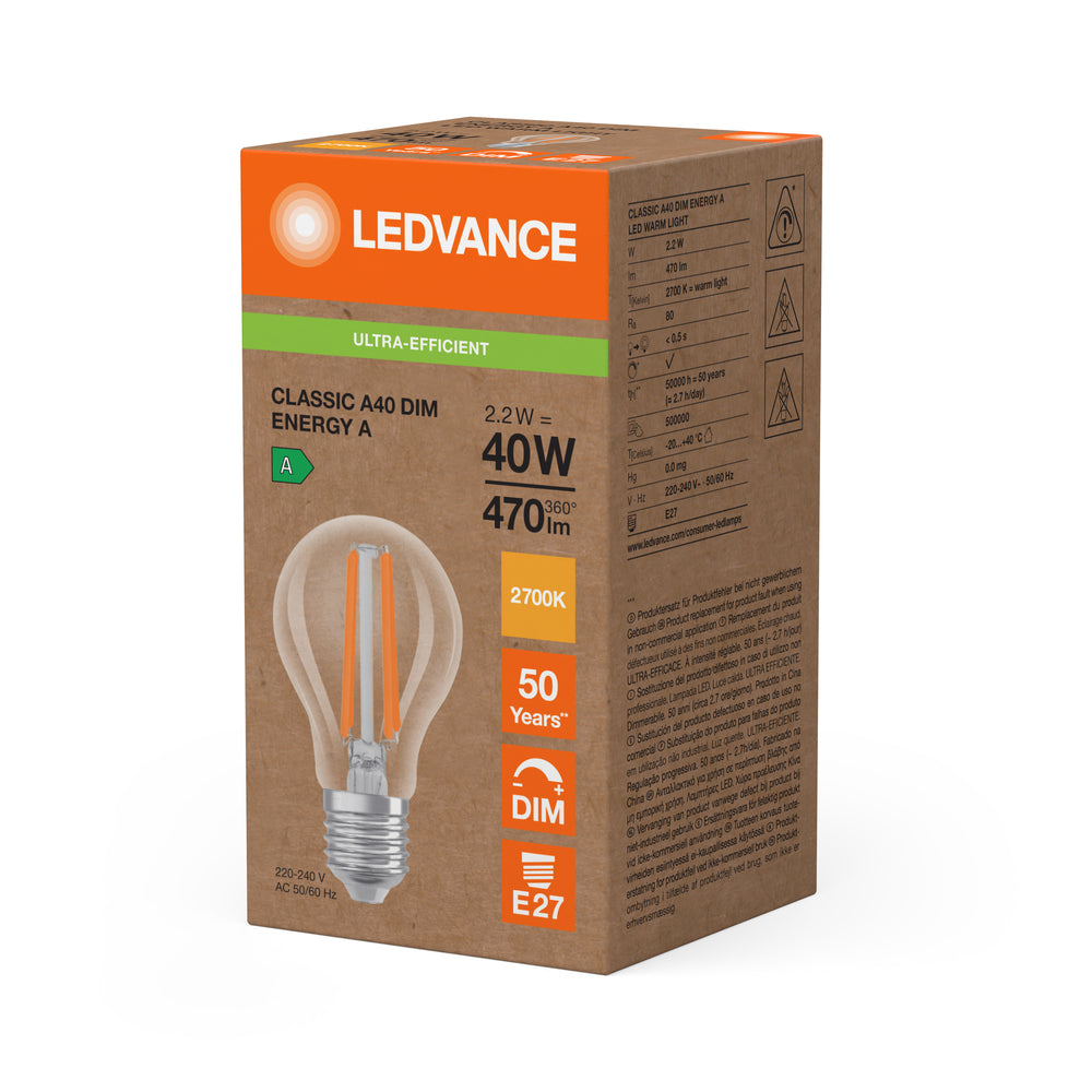 Lampadina Ledvance LED Classic A E27 2.2W 2700K dimmerabile 470 lumen vetro trasparente equivalente 40W bianco caldo