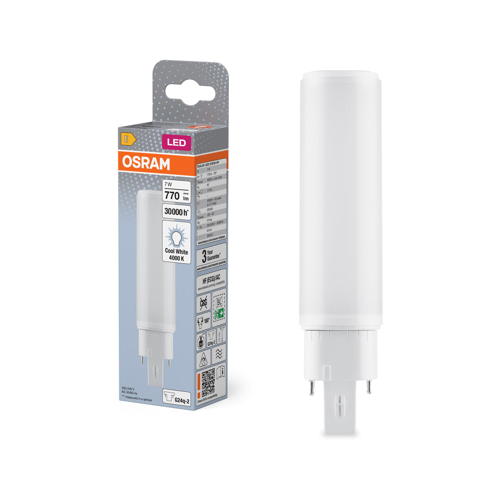 Lámpara de sustitución Ledvance OSRAM DULUX LED G24Q-2 7W 4000K blanco frío, 770 lúmenes, IP20, 220-240V, base giratoria