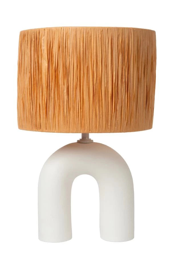 Lampe de table LED Lucide Ronda avec douille E27, abat-jour en rotin, base en céramique, 28x28x45cm Blanc pour usage intérieur