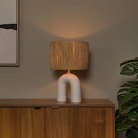 Lampe de table LED Lucide Ronda avec douille E27, abat-jour en rotin, base en céramique, 28x28x45cm Blanc pour usage intérieur
