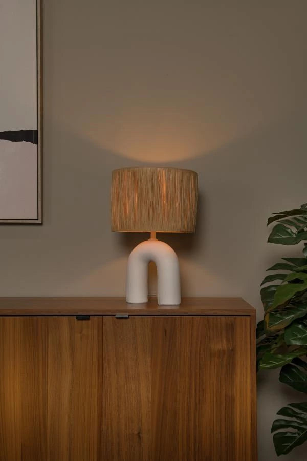 Lampe de table LED Lucide Ronda avec douille E27, abat-jour en rotin, base en céramique, 28x28x45cm Blanc pour usage intérieur