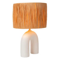 Lampe de table LED Lucide Ronda avec douille E27, abat-jour en rotin, base en céramique, 28x28x45cm Blanc pour usage intérieur