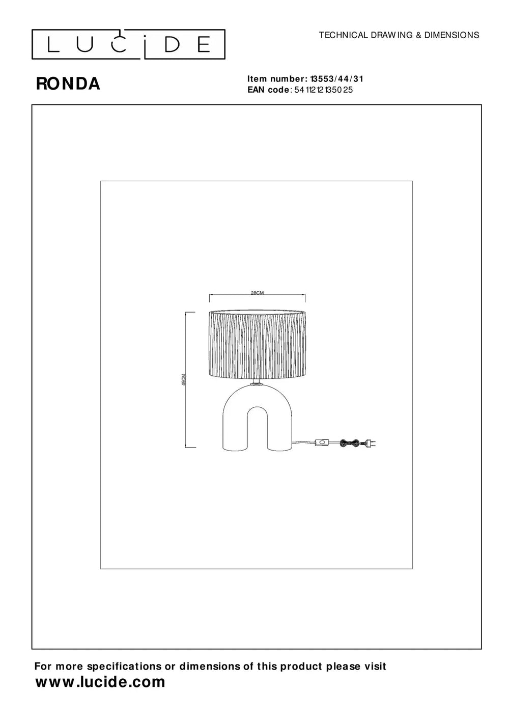 Lampe de table LED Lucide Ronda avec douille E27, abat-jour en rotin, base en céramique, 28x28x45cm Blanc pour usage intérieur