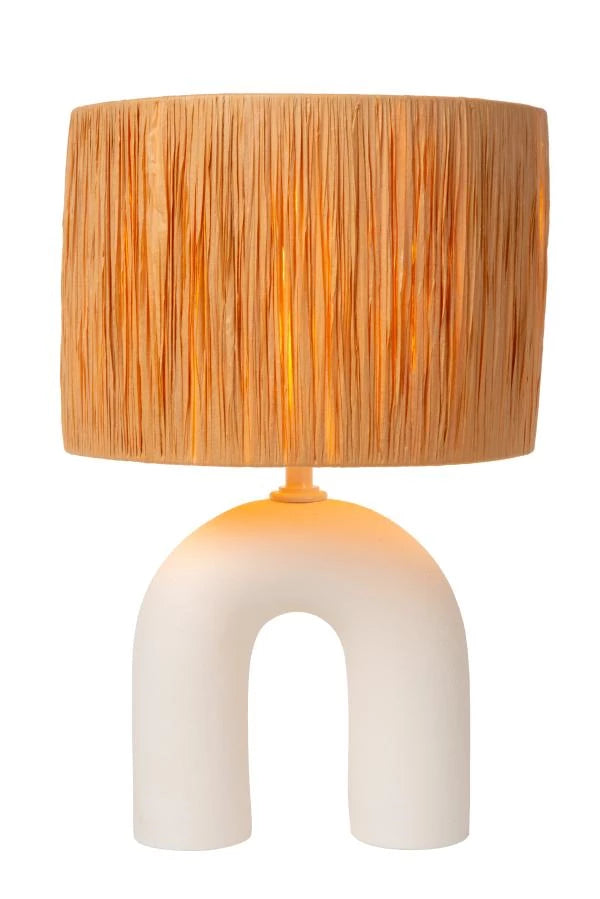 Lampe de table LED Lucide Ronda avec douille E27, abat-jour en rotin, base en céramique, 28x28x45cm Blanc pour usage intérieur