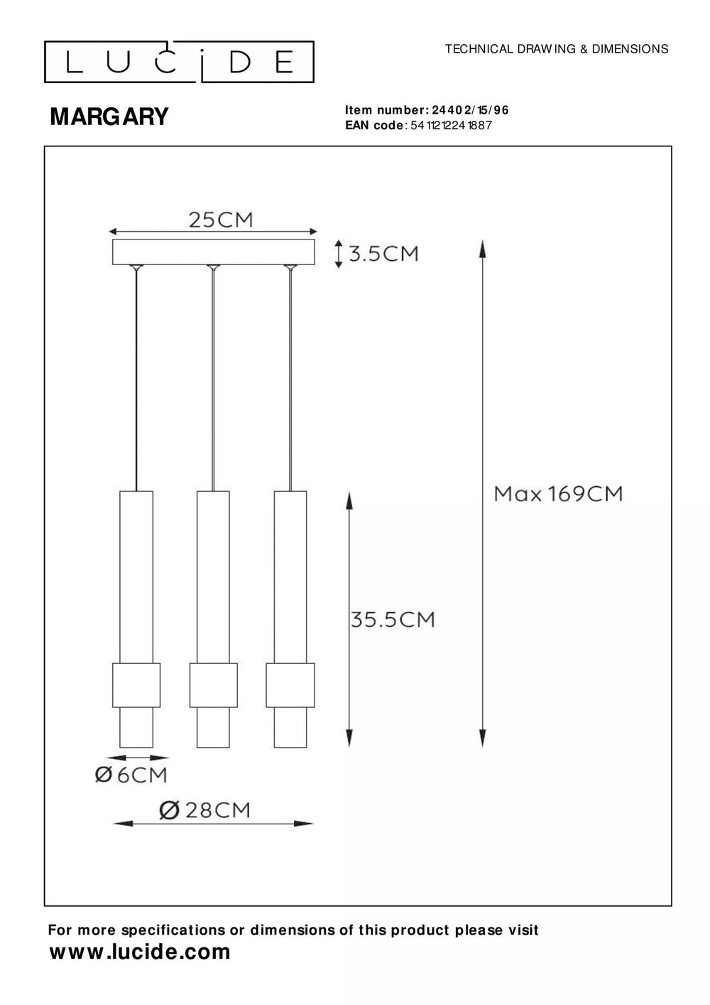 Lucide margary LED hanglamp 3x4W 2700K koffie 28cm dimbaar