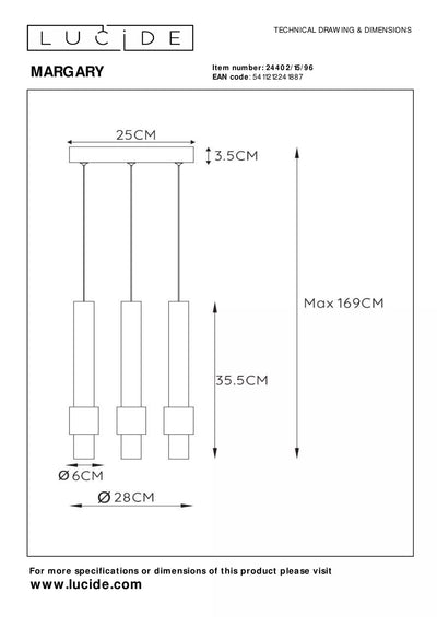 Lucide margary LED hanglamp 3x4W 2700K koffie 28cm dimbaar