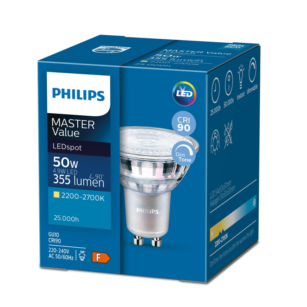 Philips MASTER Value LED Spot GU10 3.7W 2200-2700K Warm Glow 270 lumen 36° Strålevinkel Dæmpbar 220-240V