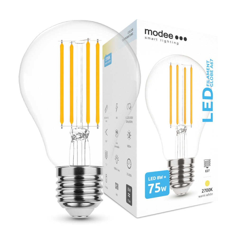 Modee LED filamentlampa E27 A67 10.5W 3000K varmvit ljus IP20 220-240V CRI 80 CE RoHS