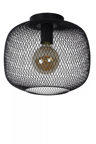 Lucide plafonniere MESH 30cm E27 fitting zwart - Ø30cm moderne plafondlamp met duurzaam aluminium, IP20, CE gecertificeerd