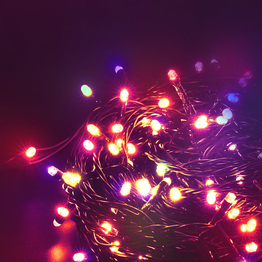 Modee LED Weihnachts-Lichterkette 10m 100 LEDs mehrfarbig mit Adapter IP44 grünes Kabel 8 Modi