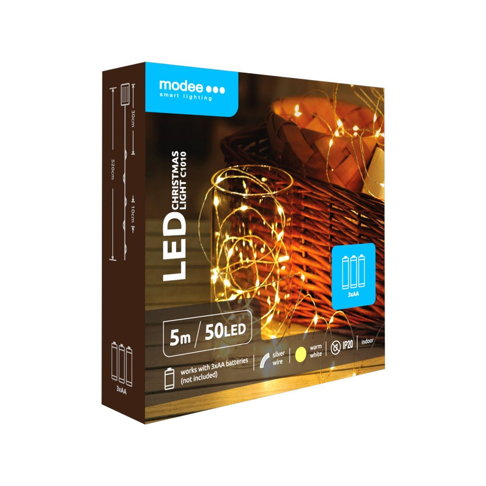 Modee LED jul ljusslinga 5m 50LED 3000K varmvit koppartråd batteridriven IP20 för inomhusbruk