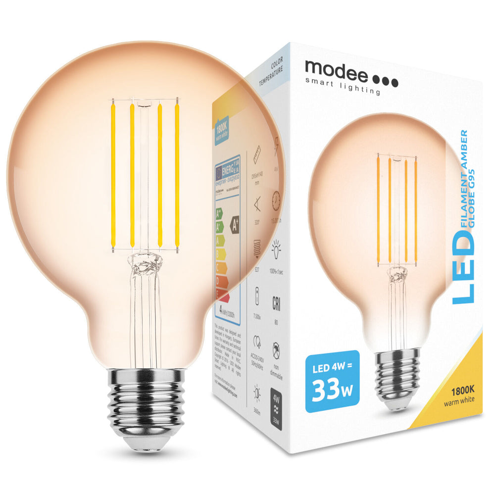 Modee LED Filament Ambra Globo G95 4W E27 1800K 360 lumen 320° lampadina in vetro non dimmerabile