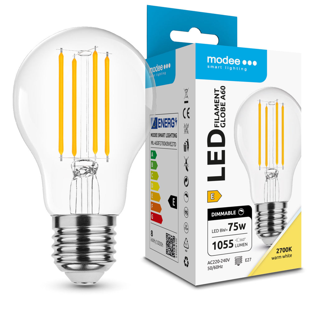 Modee LED Filamentlampa A60 8W E27 2700K 1055 lumen Dimbar Glas 360° Varmvit