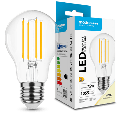 Modee LED Filament Bulb A60 8W E27 4000K 1055 lumens 360° Glass Globe IP20 Non Dimmable