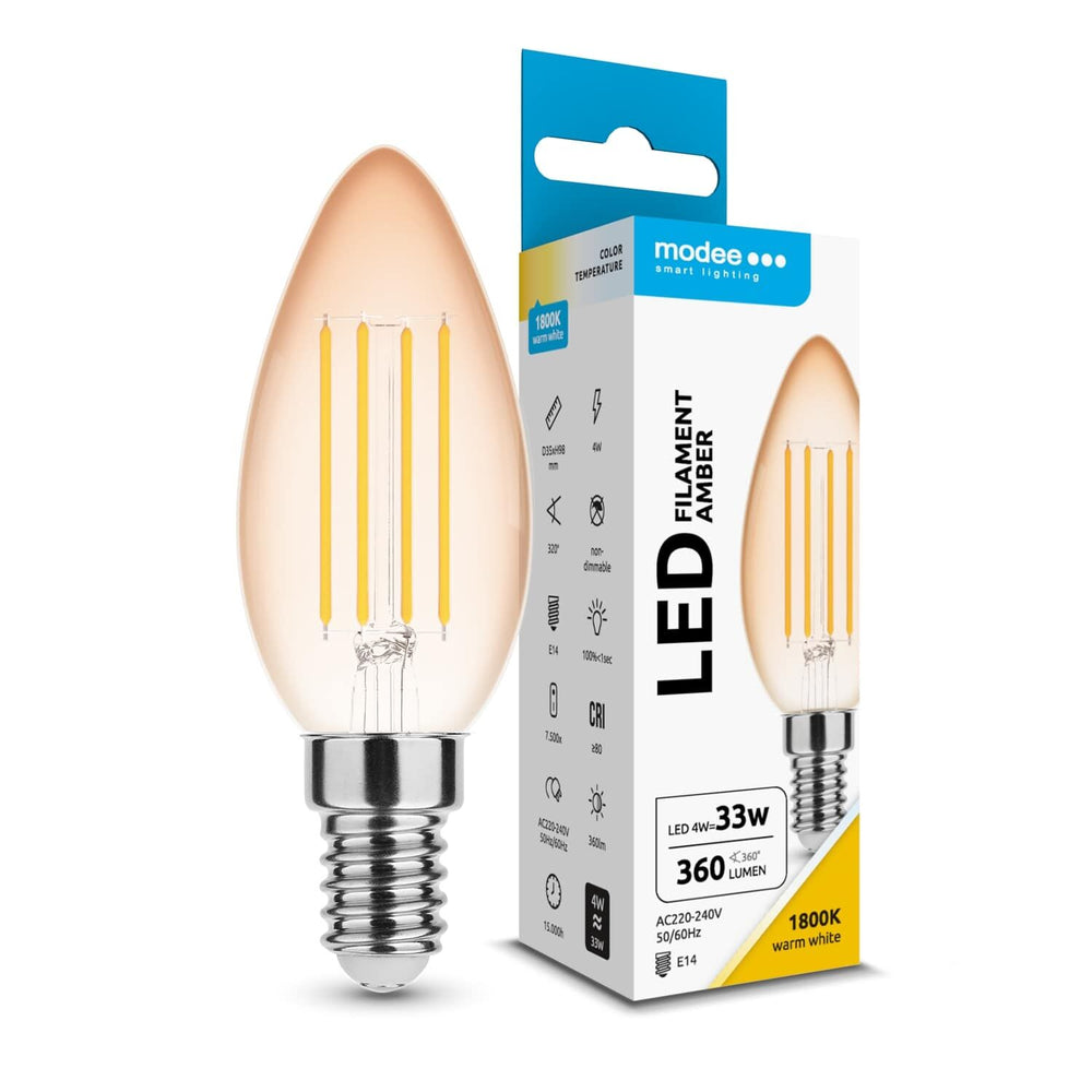 Modee LED Filament Candle C35 4W E14 Amber 1800K 360 lumens 320° Warm Light Bulb