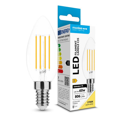 Modee LED Filament Lys C35 7W E14 2700K dæmpbar 360° glas pære 806 lumen CRI 80 IP20