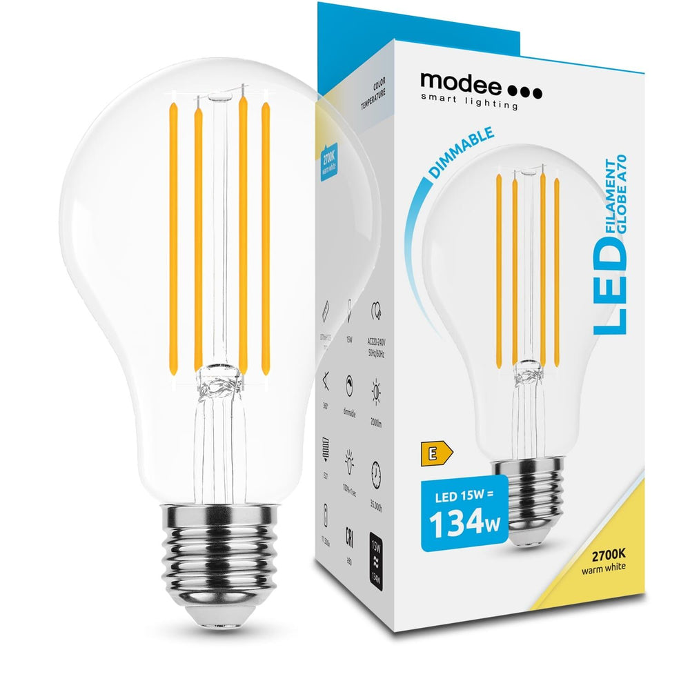 Modee LED Filament Globe A70 15W E27 2700K 2000 Lumen 360° dimmbare Glaslampe IP20