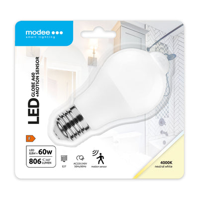 Modee LED Globe Intelligent A60 8.8W E27 4000K 806 lumens Ampoule avec capteur PIR faisceau 200° IP20
