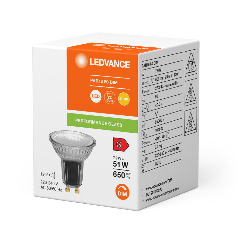 Performance LED Spot Reflector GU10 PAR16 7.9W 2700K 650 lumen 120D dimbaar hoge CRI vervangt 51W