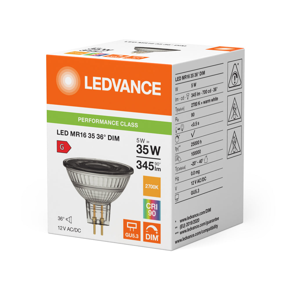 Spot LED Performance Réflecteur GU5.3 MR16 5W 345 lumens 2700K gradable 36D remplace 35W