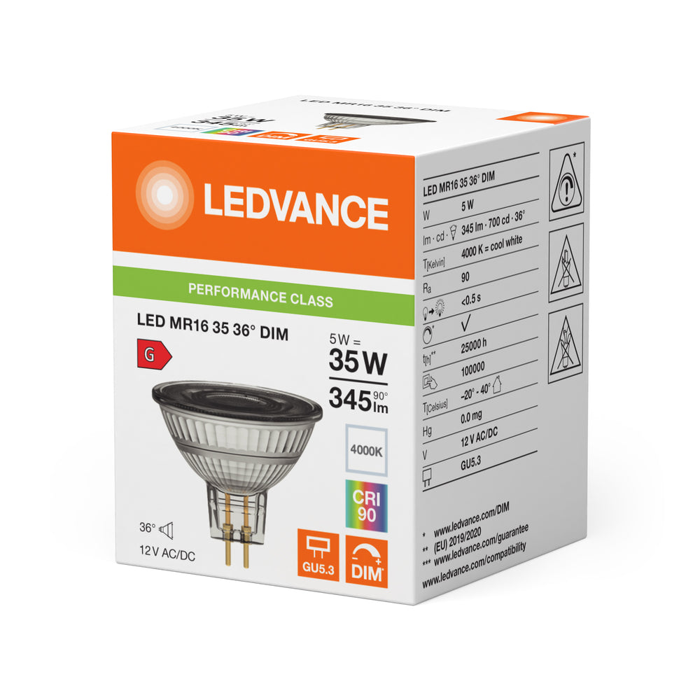 Spot Réflecteur LED Performance GU5.3 MR16 5W 345 lumens 36D 4000K Blanc Froid dimmable remplace 35W