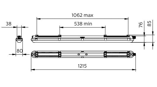 Philips CoreLine WT120C G2 LED vattentät armatur, 30W 4000K 4000 lumen, IP65 IK08, 1215mm Grå