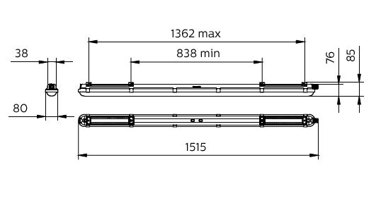 Philips CoreLine WT120C G2 LED vandtæt armatur 57W 8000 lumen 4000K IP65 IK08 1515mm Grå