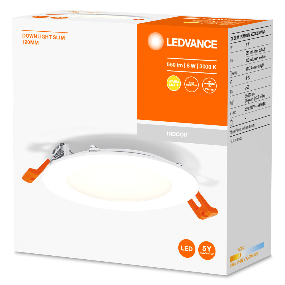 Faretto LED Slim da incasso 8W 550 lumen 3000K Bianco Caldo 110° Rotondo Foratura 105mm Finitura Bianca